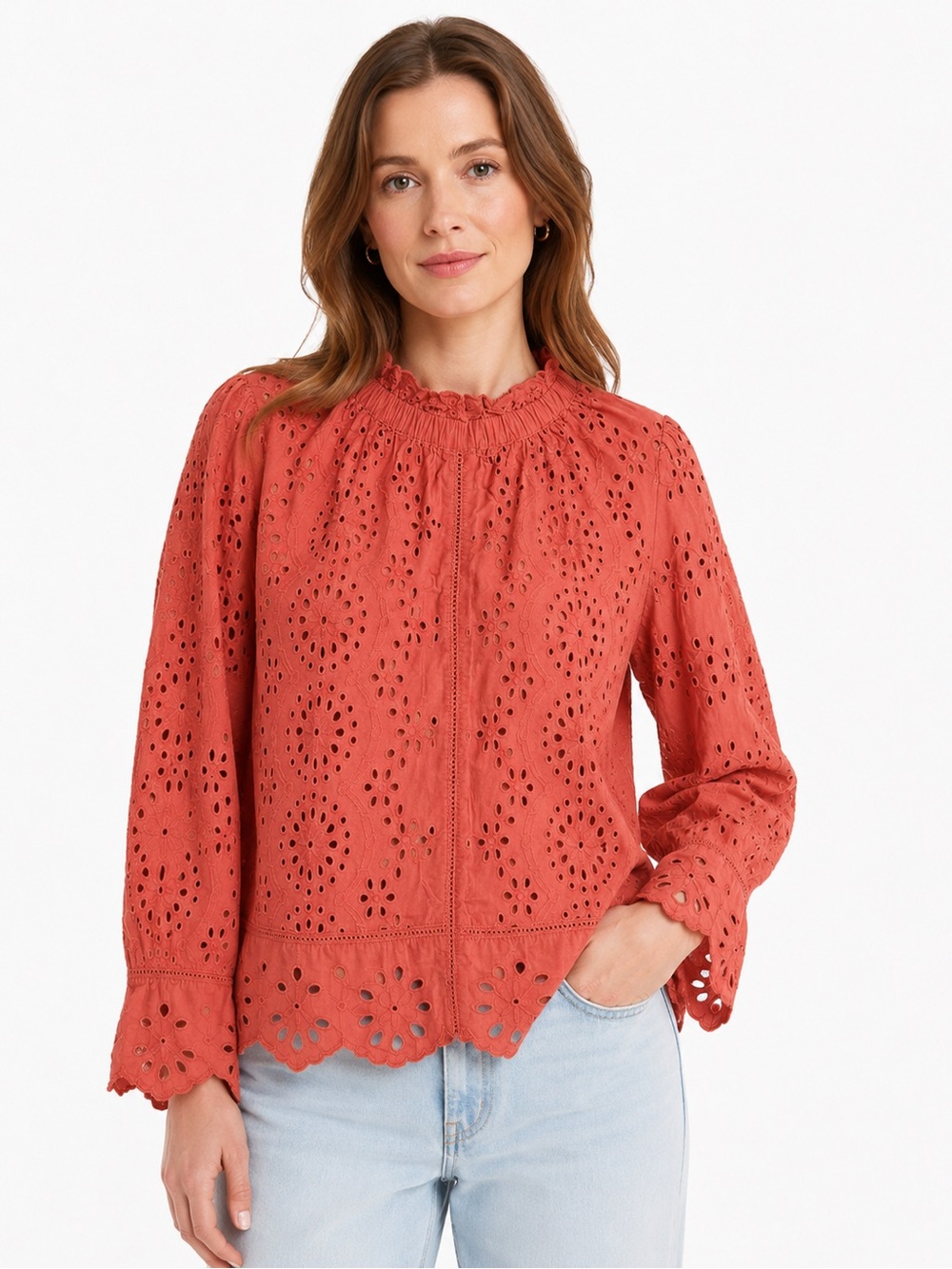 Anthropologie M Eyelet Broderie Button Back Blouse Coral Boho Ruffle Feminine